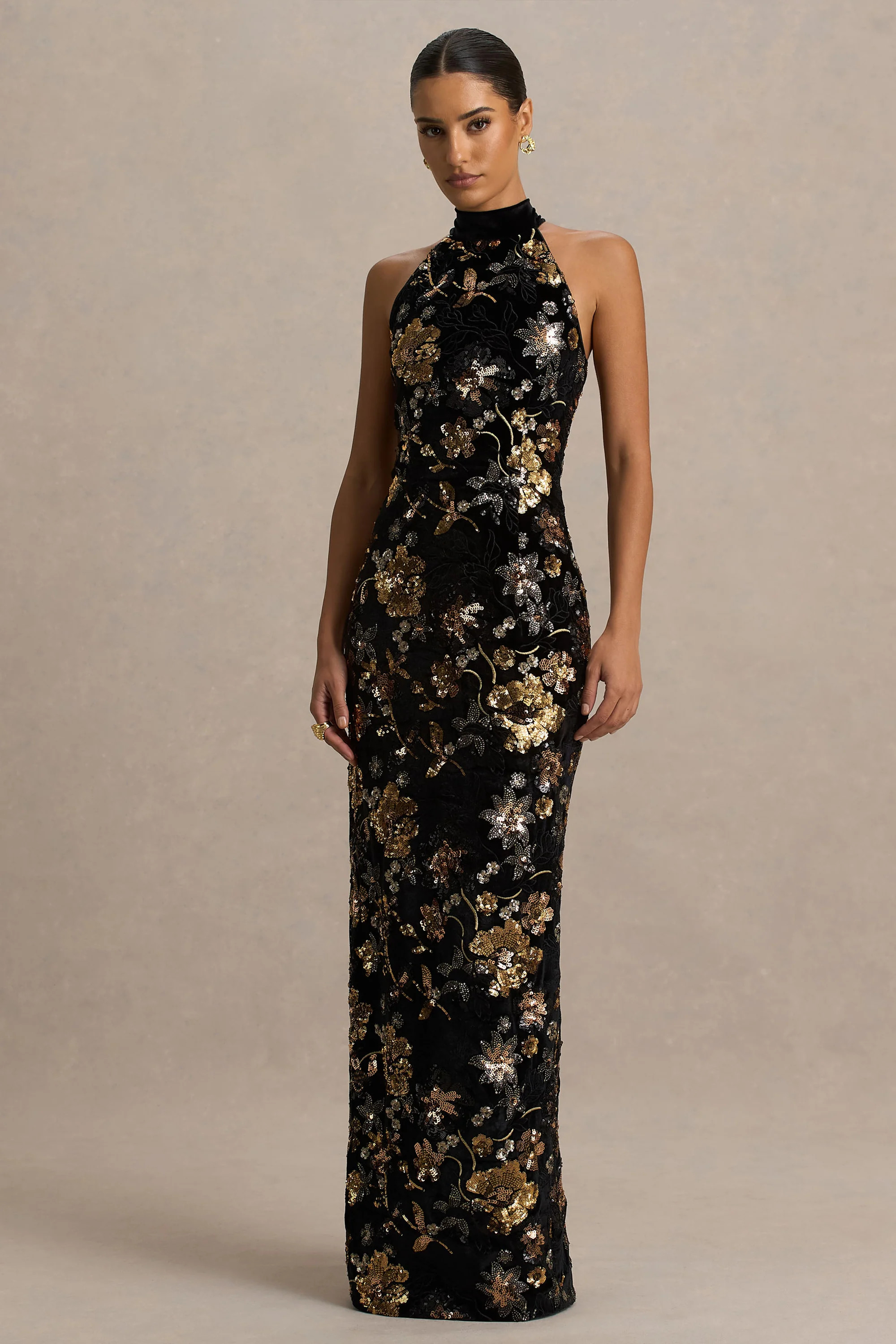 Tate  Black Velvet Halter-Neck Maxi Dress With Bronze Floral Sequin Embellishments | Club L London