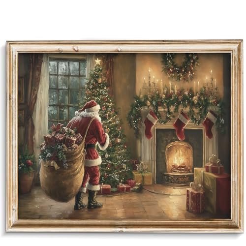 Vodefoad Vintage Christmas Claus Wall Art Cottagecore Santa Claus Canvas Decor Academia Xmas Decor Winter Print Christmas Tree Painting for Christmas Holiday - 8x10Inch Unframe | Amazon (US)