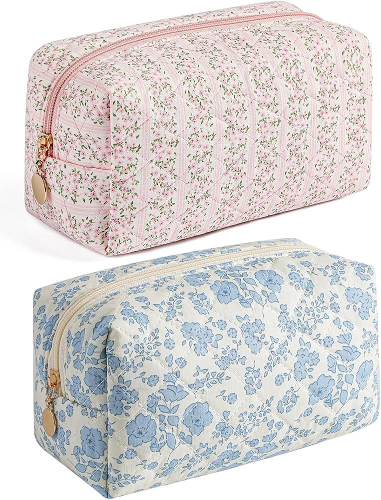 Makeup Travel Cosmetic Bag, Two Pack: Pink+Blue Floral, Zipper Closure, Durable Polyester, Perfec... | Amazon (US)