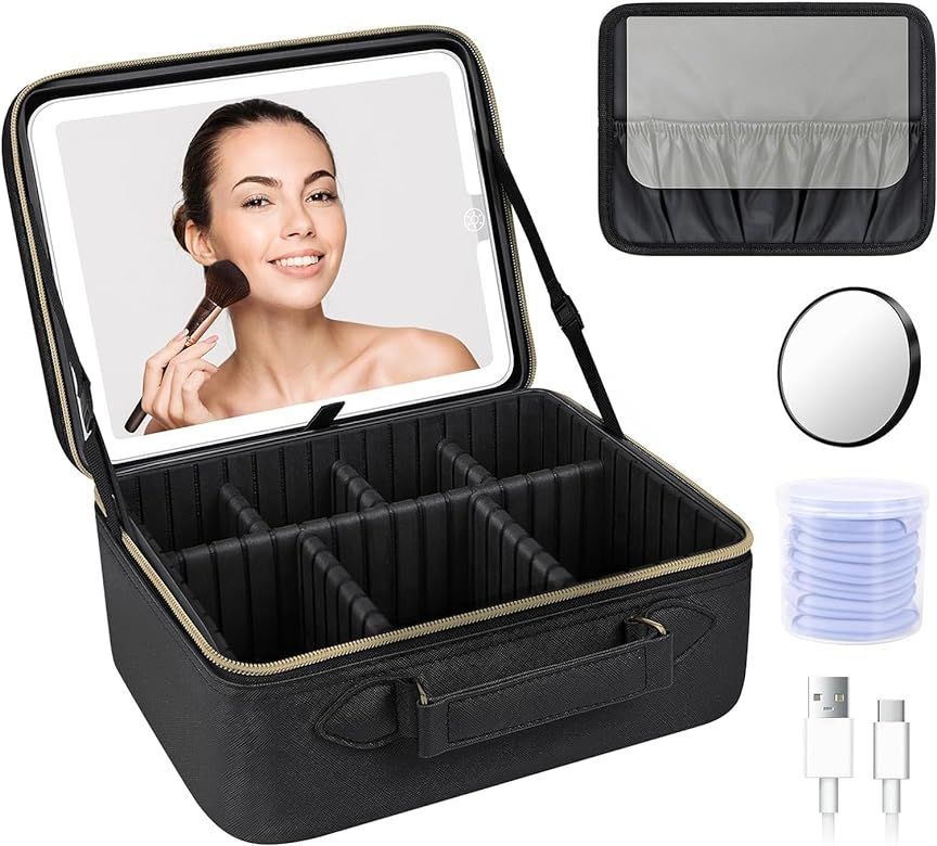 JUSRON Travel Makeup Bag with LED Mirror-3 Colors Modes, Portable Cosmetics Organizer with Adjust... | Amazon (UK)
