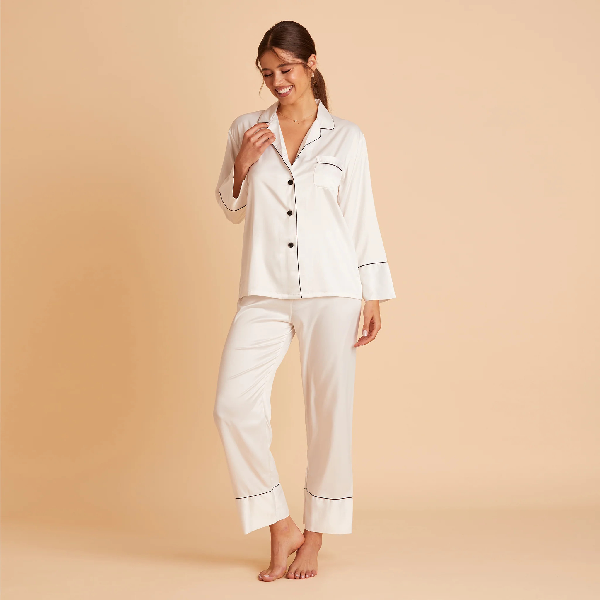 Long Satin PJ Set - White | Birdy Grey