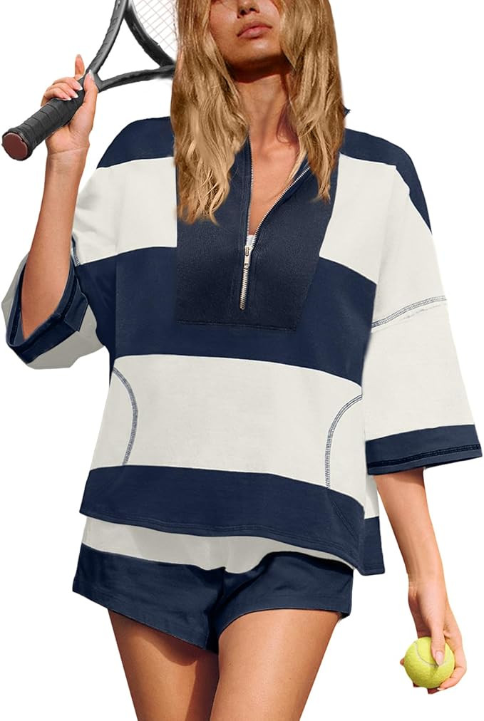 Womens 2 Piece Workout Set Striped Short Sets Lounge Going Out Tops and Shorts with Pockets Casua... | Amazon (US)