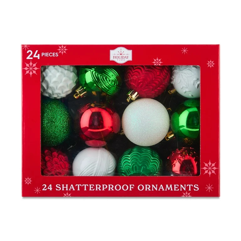 24-Count Red, Green, and White Shatterproof Multi-Textured Christmas Ornaments, 2.36 in, by Holid... | Walmart (US)