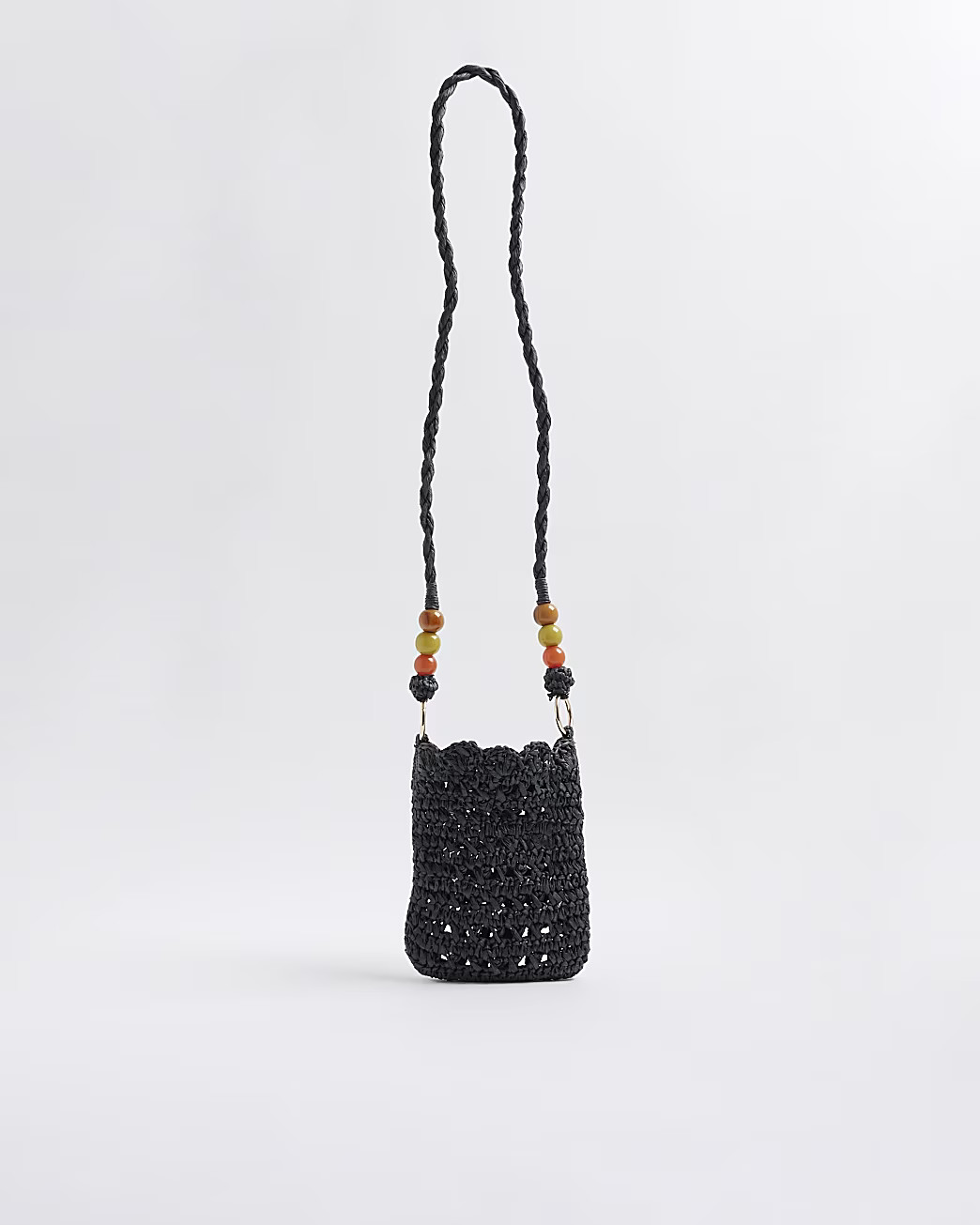 Black Raffia Beaded Cross Body Phone Pouch | River Island UK & IE