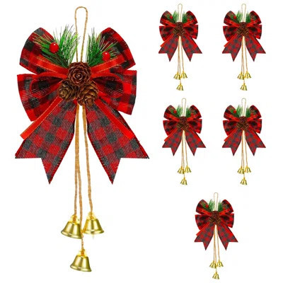 6 Pcs Christmas Bows With Pinecones And Hanging Rope, Wreath Ornaments, Bells Tree Toppers, Christmas Ornaments For Xmas Party And Kitchen Cabinet Dec | Wayfair North America