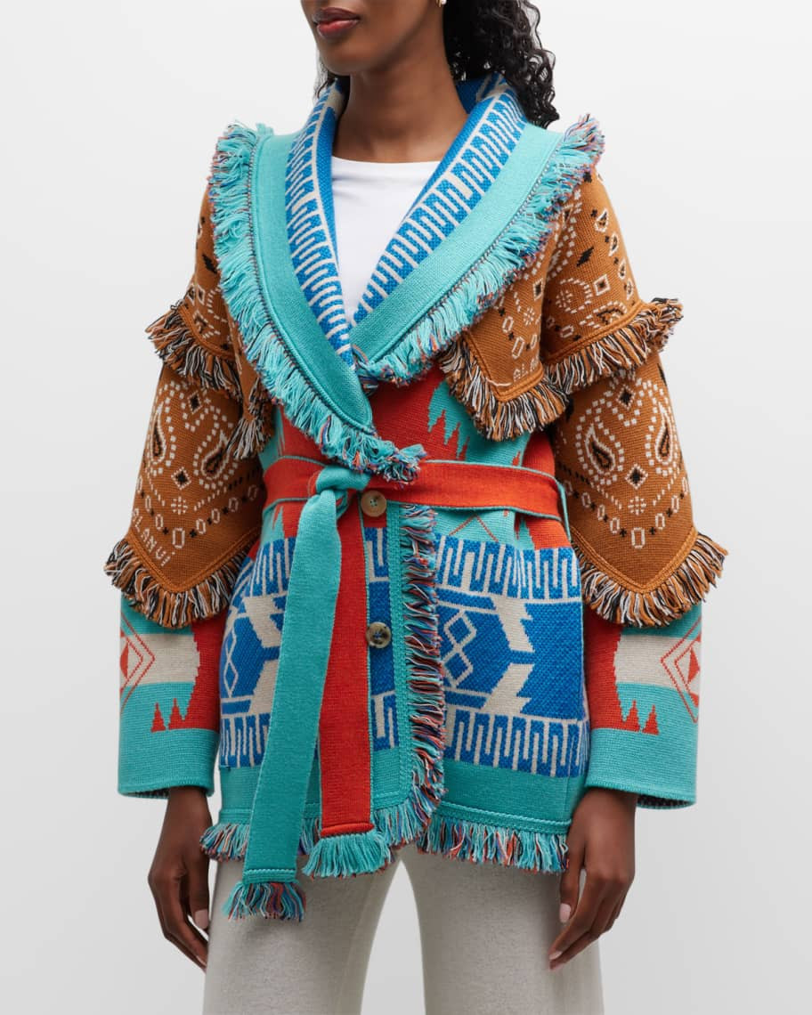 Alanui Icon Bandana Patchwork Jacquard Belted Fringe Cardigan | Neiman Marcus