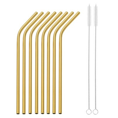 8pcs Stainless Steel Straw & 2pcs Cleaning Brush, Gold Reusable Bent Straw For Drinking, Kitchen, Christmas Gift | SHEIN