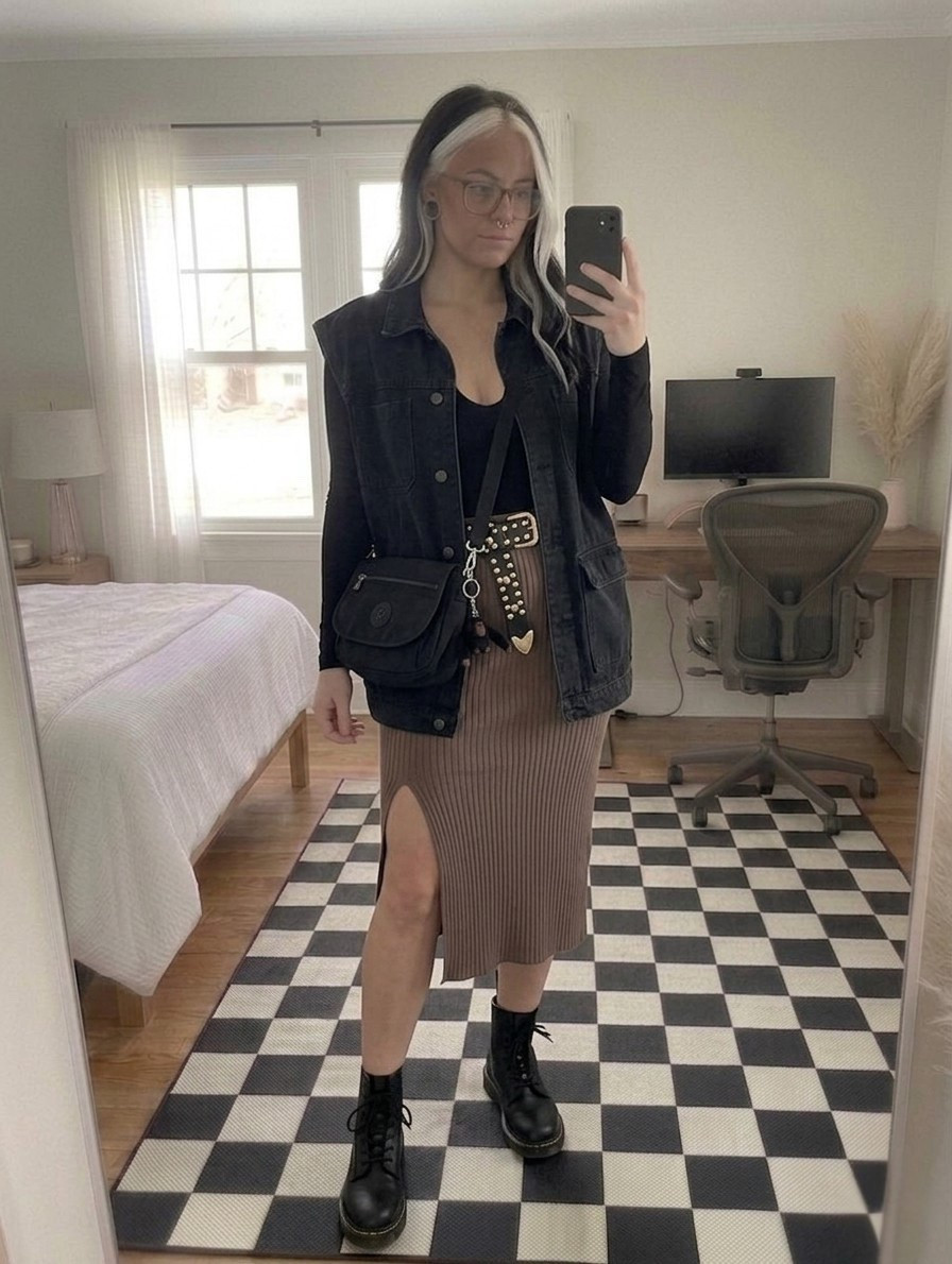 Obsessed with how this transformation turned out! Taking the base vibes from image.png and elevating them with some serious texture. This long-sleeve bodysuit paired with a taupe ribbed midi skirt creates the perfect silhouette, while the oversized black denim utility vest adds that essential "cool girl" edge.

Finished the look with my go-to Dr. Martens Combs boots and a studded statement belt for a touch of grit. Whether you're heading to a concert or grabbing coffee, this fit is a mood.

#LTKootd #LTKSeasonal #LTKMidsize