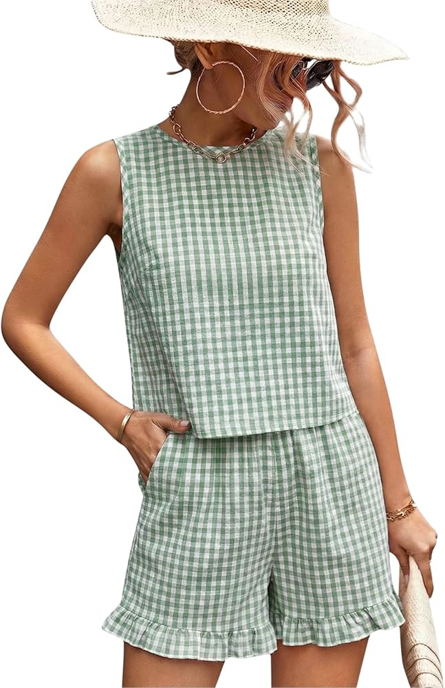 Hooever Women's Gingham Check 2 Piece Set Sleeveless Tank Top and Ruffle Hem Shorts Casual Summer... | Amazon (US)