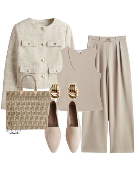 Weave jacket with gold buttons, high waist wide leg dress pants with buckle, scoop neck vest, gold earrings, fendi tote bag, suede loafers.
Beige outfit, neutral outfit, work outfit, office outfit, spring work look, smart look.


#LTKworkwear #LTKstyletip #LTKshoecrush