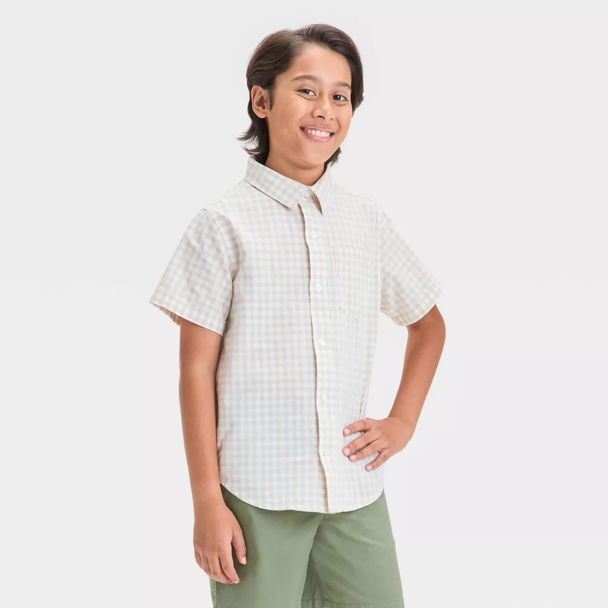 Boys' Short Sleeve Gingham Poplin Button-Down Shirt - Cat & Jack™ Beige | Target