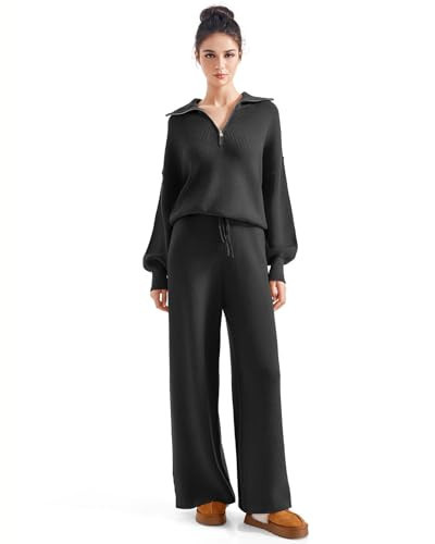 SUUKSESS Women 2 Piece Lounge Sets Quarter Zip Pullover Wide Leg Pants Oversized Matching Sets (Black, M) | Amazon (US)