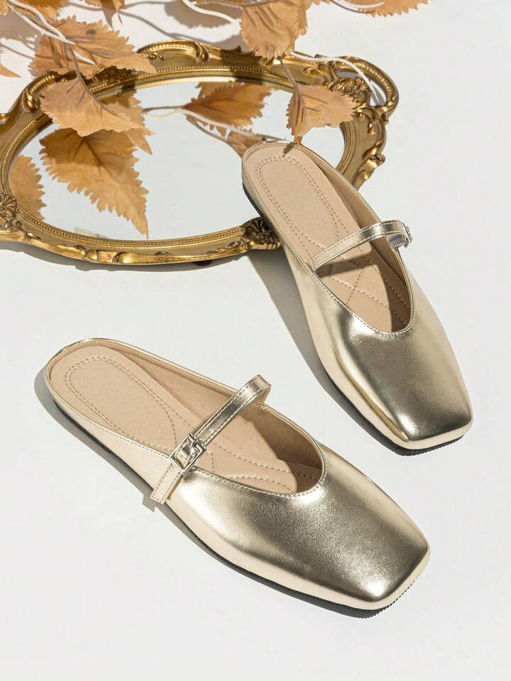 Square Toe Mule Shoes, Women's Silver-Colored Half Slippers, Flat Granny Shoes, Closed Toe Shoes,... | SHEIN
