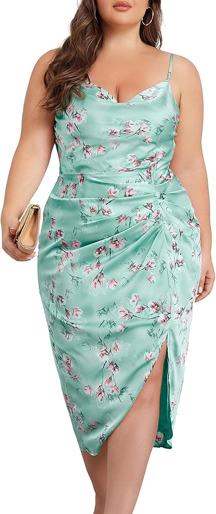 KIMCURVY Women's Plus Size Satin Dress Ruched Spaghetti Strap Cowl Neck Midi Party Cami Dress for... | Amazon (US)