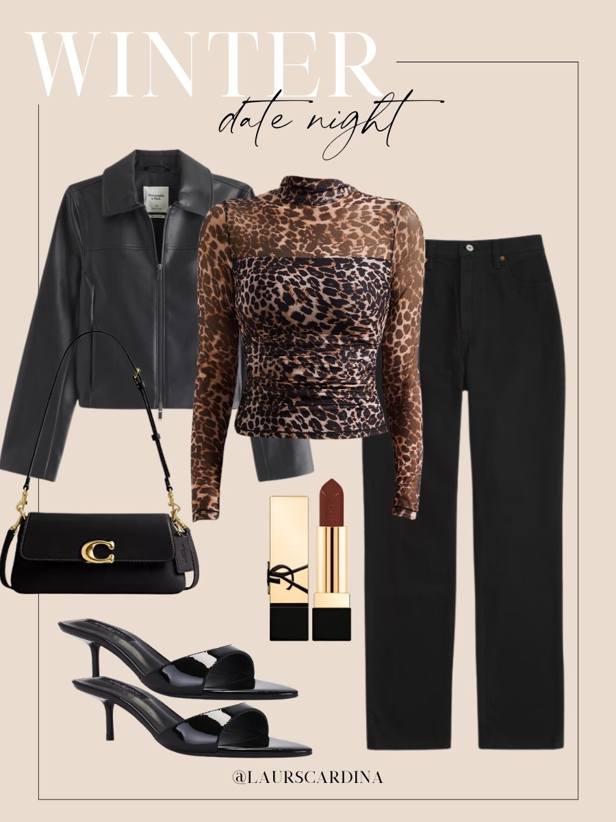 This date night fit includes a sheer animal print top paired with black jeans, a vegan leather jacket, a Coach shoulder bag, heeled sandals, and YSL lipstick. 

Ootd, date night outfit, affordable fashion

#LTKFindsUnder50 #LTKHoliday