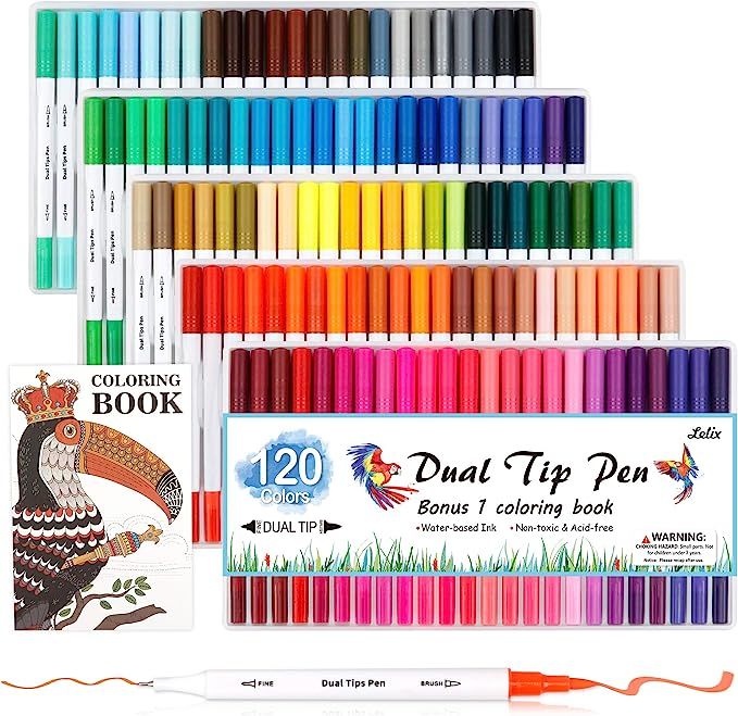 Lelix 120 Colors Dual Tips Brush Pens Art Markers with a Coloring Book, Brush and Fine Point Pens... | Amazon (US)