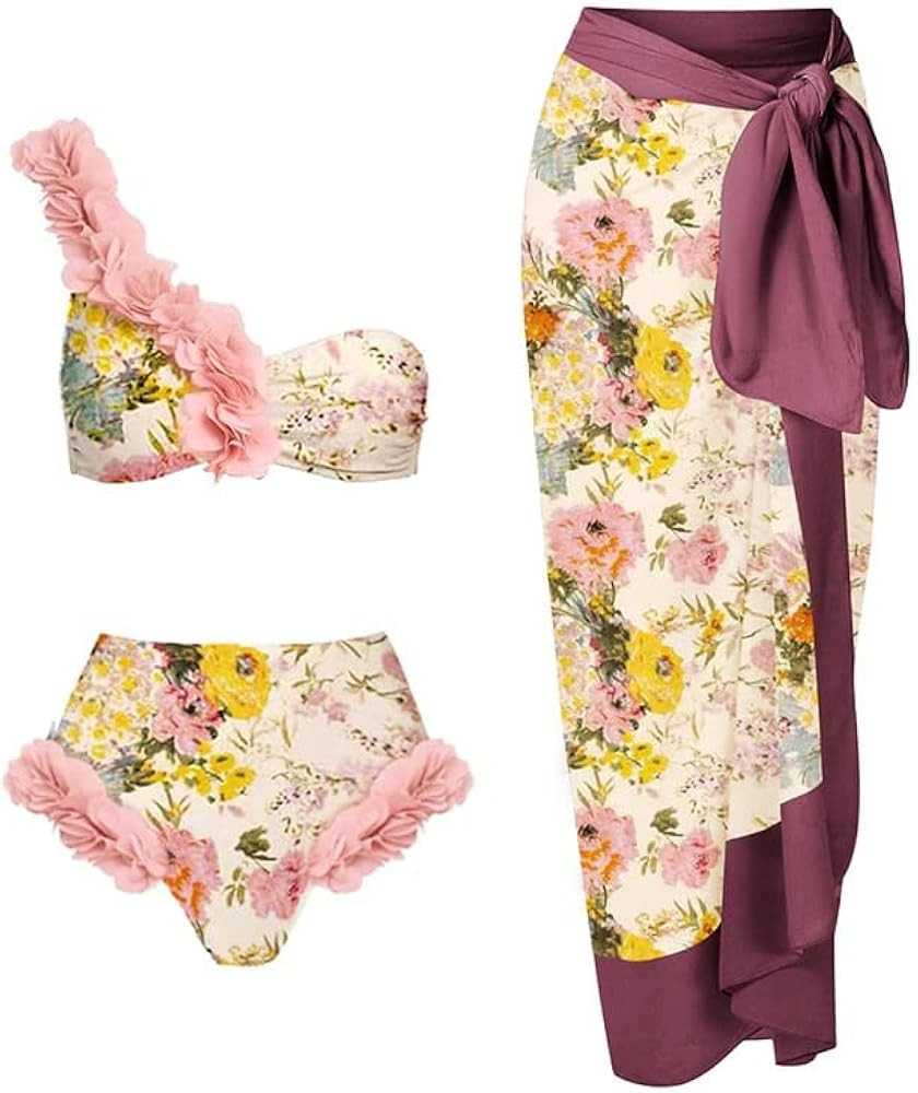 ABOCIW Womens Floral Print Bikini Sets with Swimsuit Coverup Long Beach Wrap Skirt 2 Piece High W... | Amazon (US)