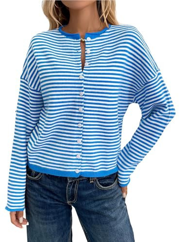 utcoco Women's Cropped Striped Button Down Knit Cardigans Soft Lightweight Cardigan Sweaters Outerwear (Large, Blue) | Amazon (US)