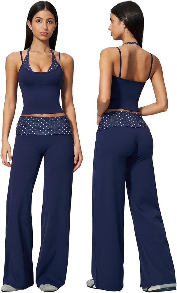 Womens Workout Sets Two Piece Striped Tank Top Wide Leg Yoga Pants Yoga Pilates Outfits | Amazon (US)