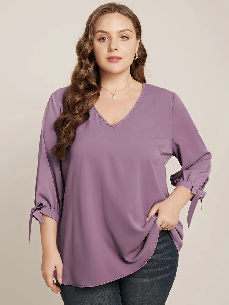 Plain Knotted Sleeve V Neck Blouse | Bloomchic