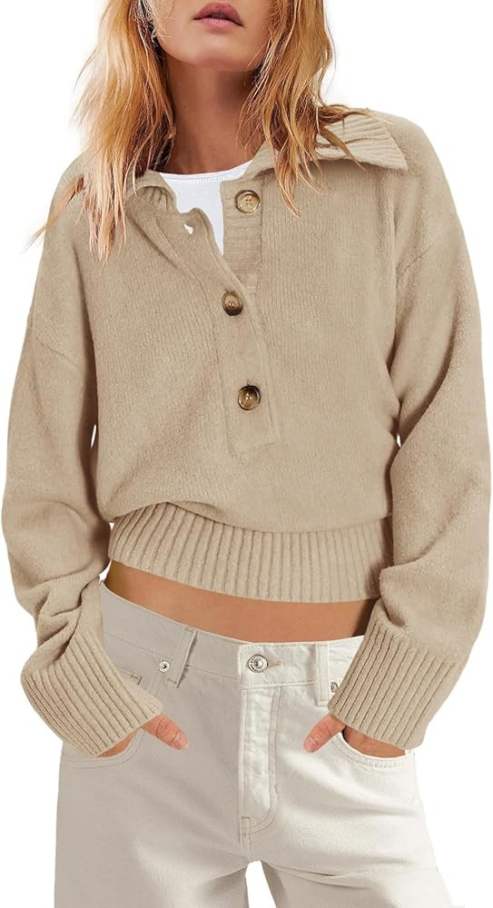 SENSERISE V Neck Sweaters for Women Collared Half Button Sweater Casual Polo Shirt Long Sleeve To... | Amazon (US)