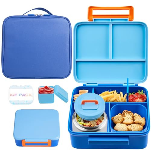 Bento Lunch Box for Kids with Thermo, Leakproof Bento Box with 8oz Insulated Food Jar, Lunch Bag, BPA Free Dishwasher Safe 4 Compartment Container for School Girls Boys (Blue) | Amazon (US)