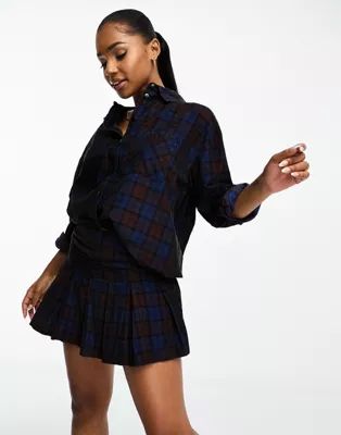 ASOS DESIGN cord pleated mini skirt in brown and blue check - part of a set | ASOS (Global)