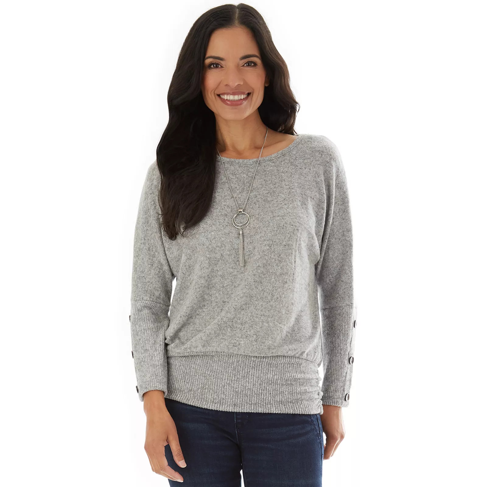 Women's Apt. 9 Fuzzy Printed Button Sleeve Top, Size: Large, Light Grey | Kohl's