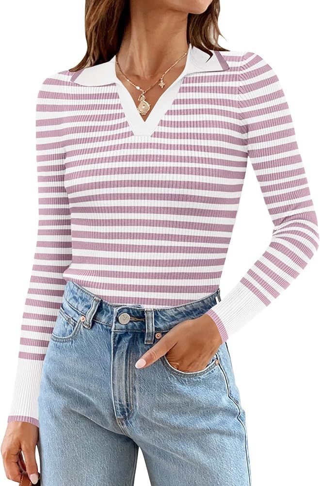 MEROKEETY Womens 2024 Long Sleeve Striped T Shirts Polo V Neck Fitted Ribbed Knit Casual Tee Tops | Amazon (US)
