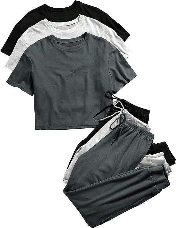GORGLITTER Women's 6 Piece Pajamas Set Short Sleeve Crewneck T Shirt and Pants Lounge Sets | Amazon (US)