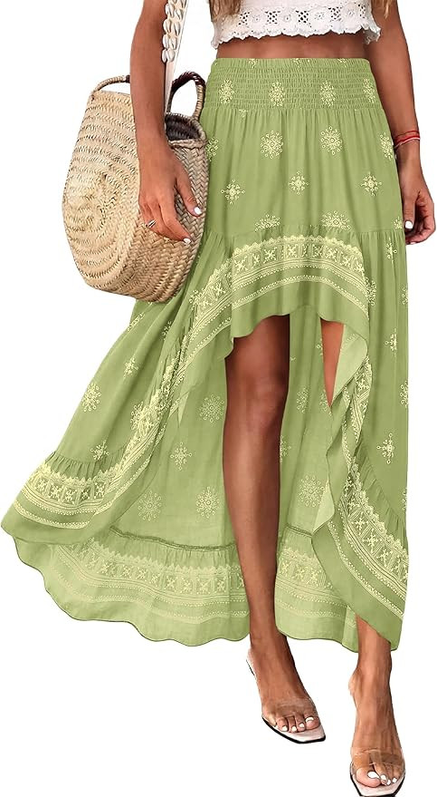 BTFBM Boho Long Skirts For Women 2026 Summer Floral Polka Dot High Low Elastic Waist Slit Ruffle ... | Amazon (US)