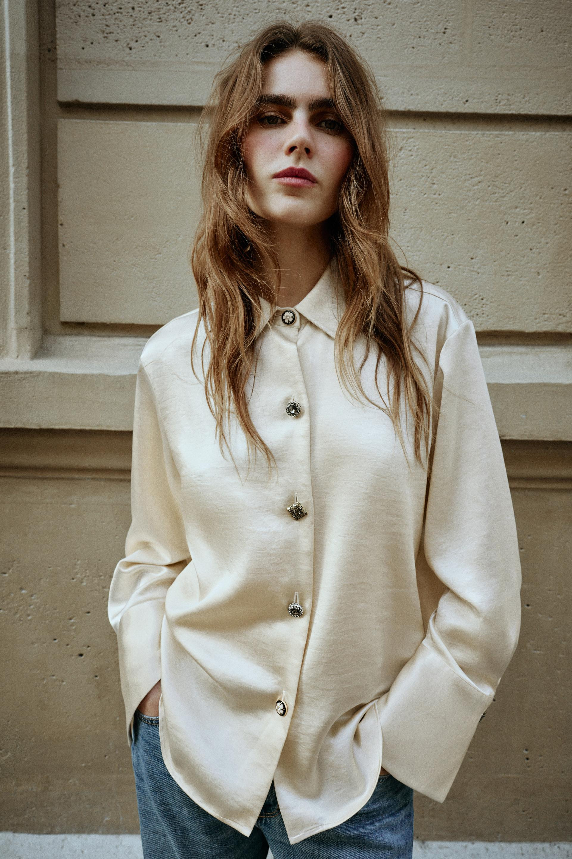 Zara - Satin Shirt With Jewel Buttons - Ecru - M - Woman | Zara US