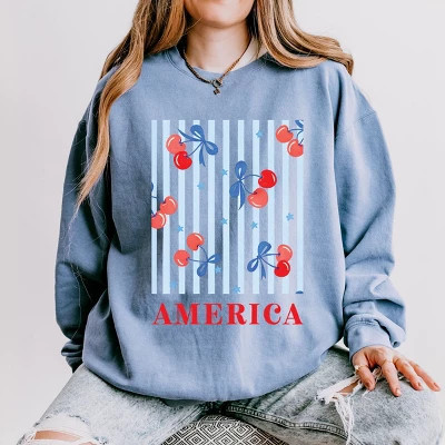Simply Sage Market America Cherries Stripe Lightweight Garment Dyed Sweatshirt - M - Blue Jean | Target