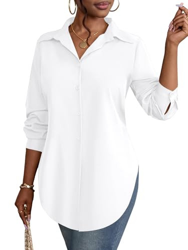 Rooscier Women's Collar V Neck Long Sleeve Slit Side Button Down Long Shirt Blouse Top Solid White Large | Amazon (US)