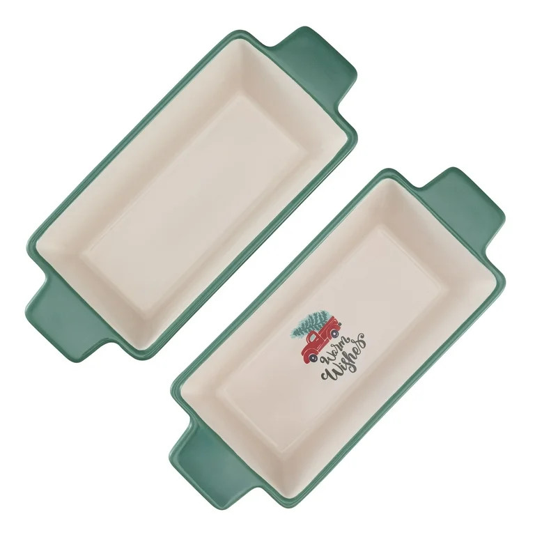 Holiday Time Glazed Stoneware Bake & Serve Mini Loaf Pan, Multicolor Trees & Plaid (2 Pack) | Walmart (US)