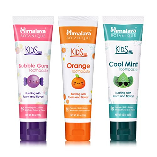 Himalaya Botanique Kids Toothpaste with Xylitol, Variety Pack of Bubble Gum, Orange & Cool Mint - Fluoride Free Toothpaste - Vegan, Gluten Free, No Artificial Flavors or Colors, 4 oz (Pack of 3) | Amazon (US)
