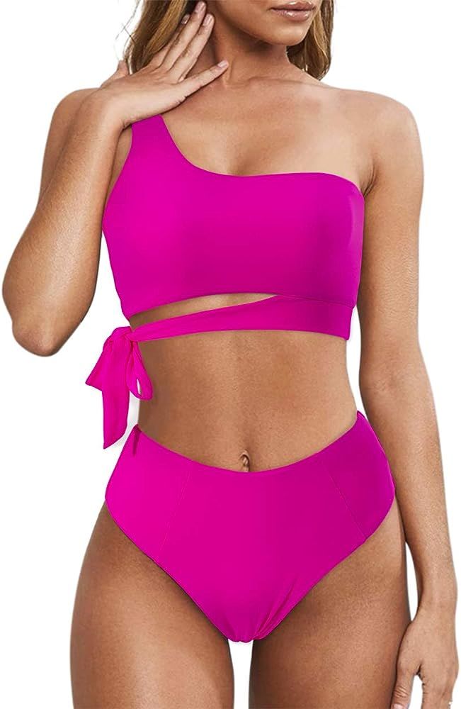 MOOSLOVER Women One Shoulder High Waisted Bikini Tie High Cut Two Piece Swimsuits | Amazon (US)