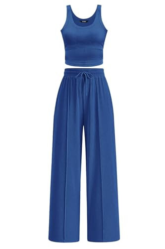 CFLONGE Summer Two Piece Sets for Women Casual Lounge Sets Tank Tops Wide Leg Pants Matching Set Travel Outfits Tracksuits(Blue,Medium) | Amazon (US)