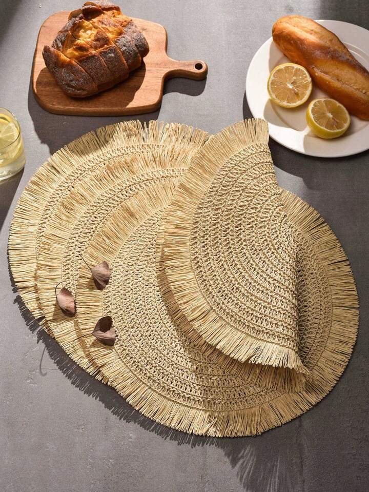 4pcs Fringe Trim Place Mat, Beige Round Paper Table Mat, For Dining Table | SHEIN