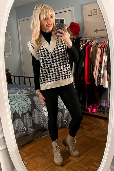Oversized sweater vest only $21 - houndstooth - faux leather leggings - combat boots only $29 - trendy outfit - business casual - wear to work - teacher outfit - Amazon Fashion - Amazon deals - Amazon finds 

#LTKSeasonal #LTKworkwear #LTKshoecrush