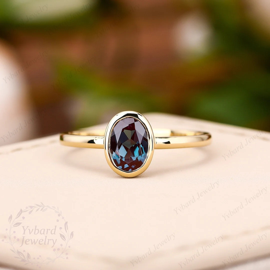 Oval Cut Alexandrite Engagement Ring 14K Yellow Gold Ring Minimalist Promise Ring Solitaire Ring ... | Etsy (US)