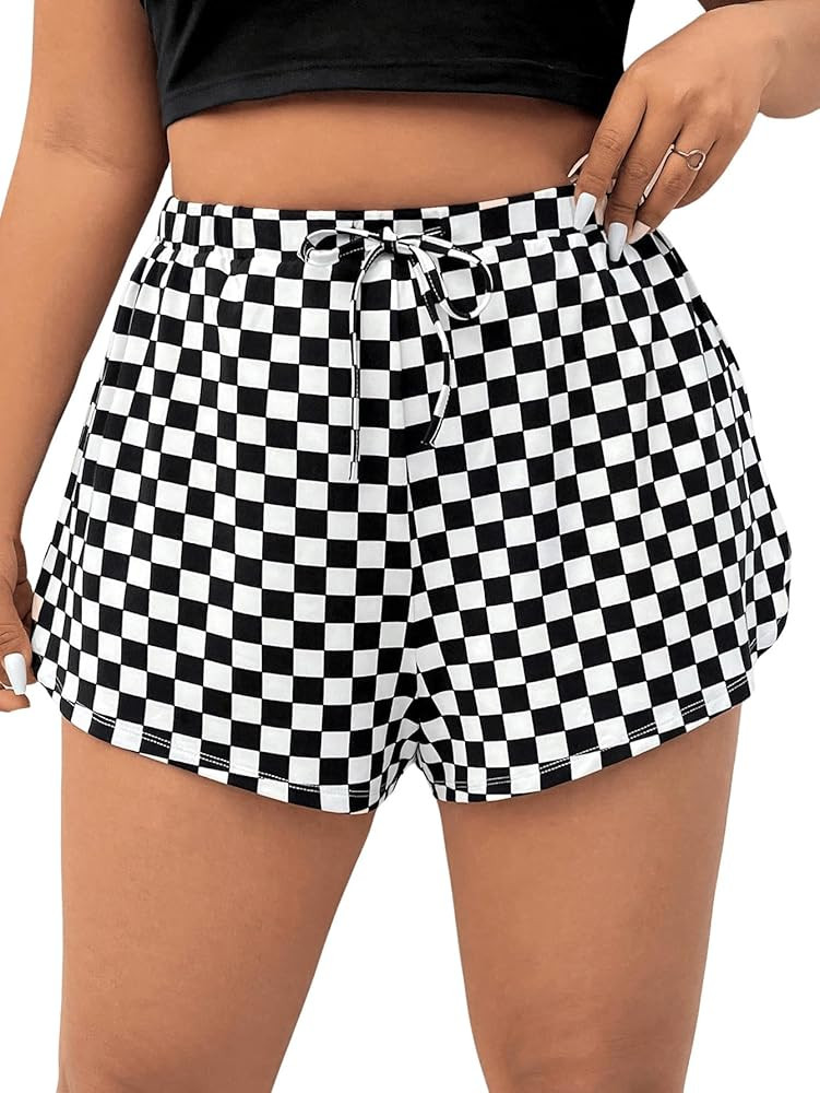 WDIRARA Women's Plus Size Checkered Drawstring Waist Shorts Workout Plaid Track Shorts | Amazon (US)