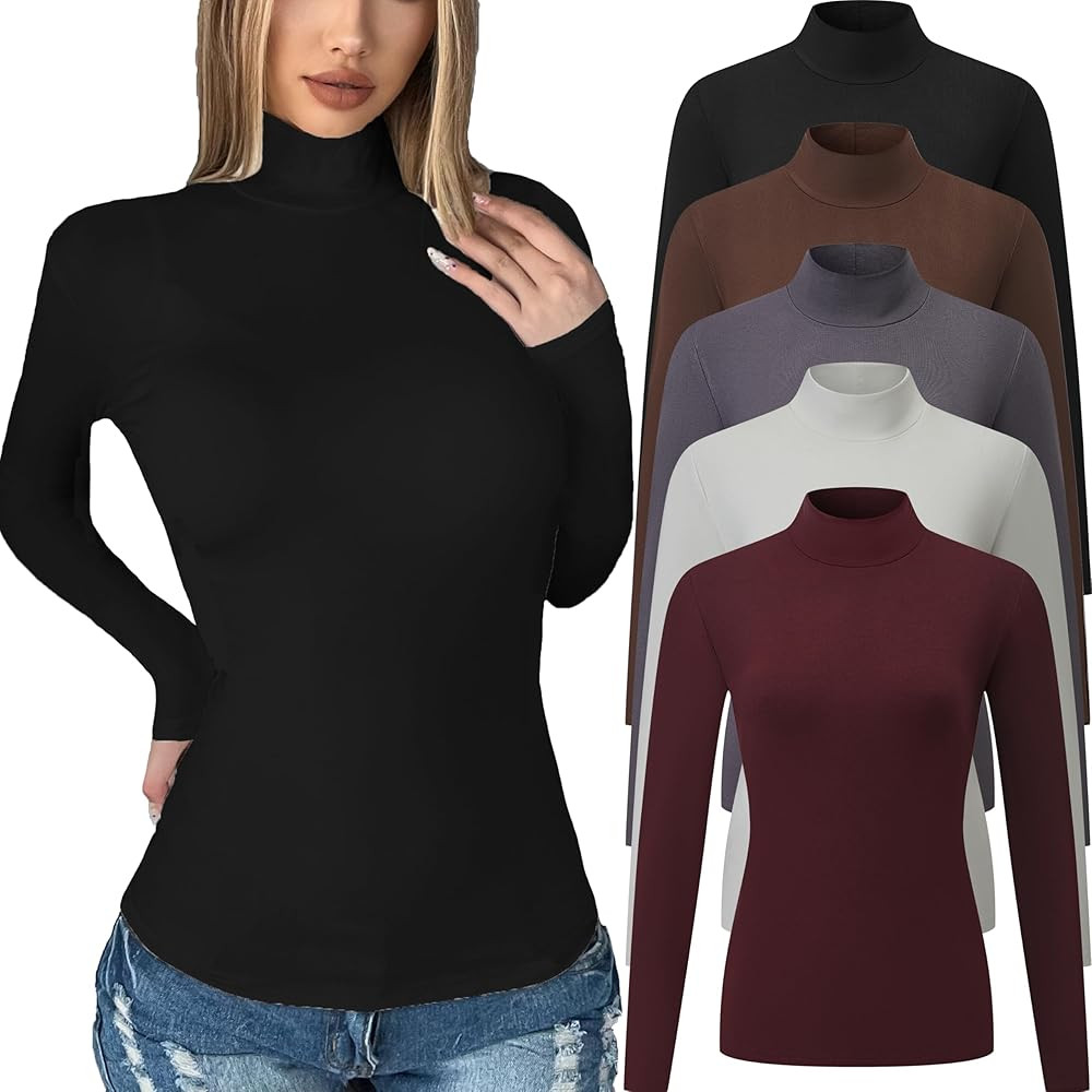 5 Pack Womens Long Sleeve Tops Mock Turtleneck Basic T Shirt Fall Stretch Tight Fitted Thermal Sh... | Amazon (US)