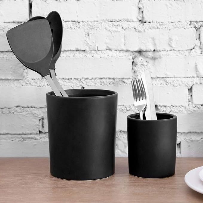 MyGift Set of 2 Black Ceramic Home Kitchen Crock Utensil Silverware Holder Caddy, Cooking Accesso... | Amazon (CA)