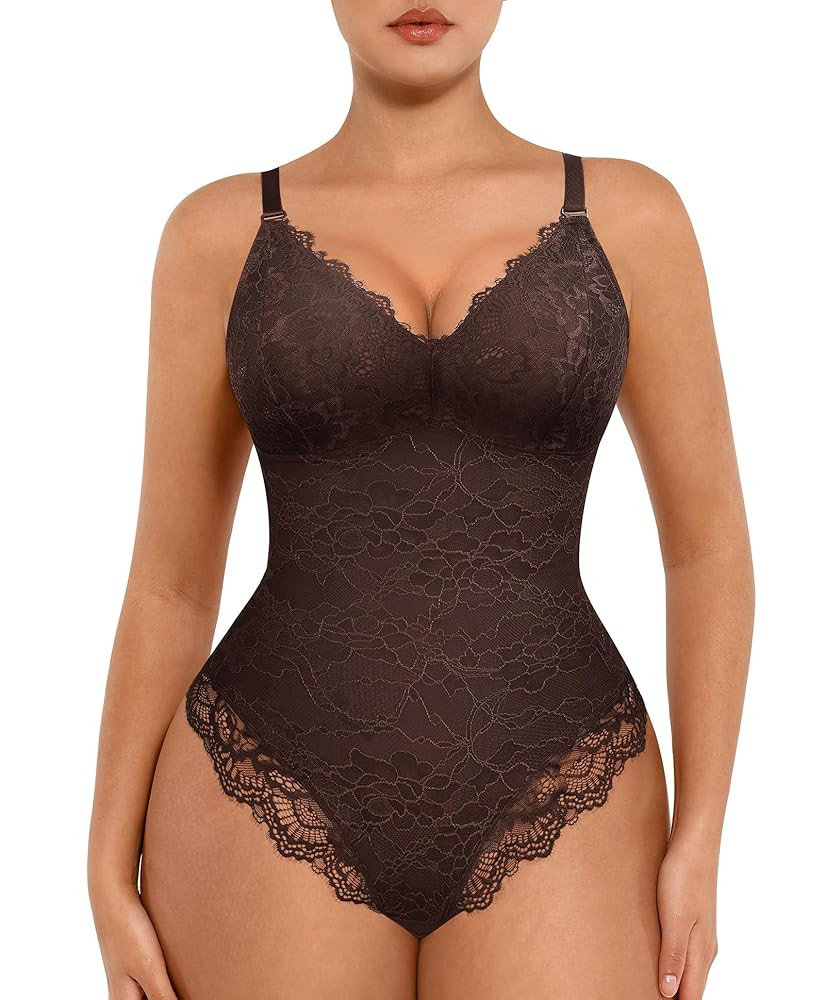 FeelinGirl Shapewear Bodysuits for Women Lace Shapewear Tummy Control V-Neck Sleeveless Bodysuit ... | Amazon (US)