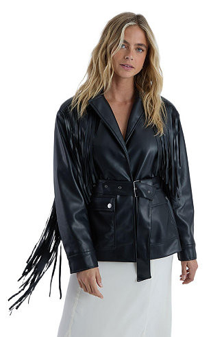 Women's Fringe Faux Leather Belted Jacket | Macy's