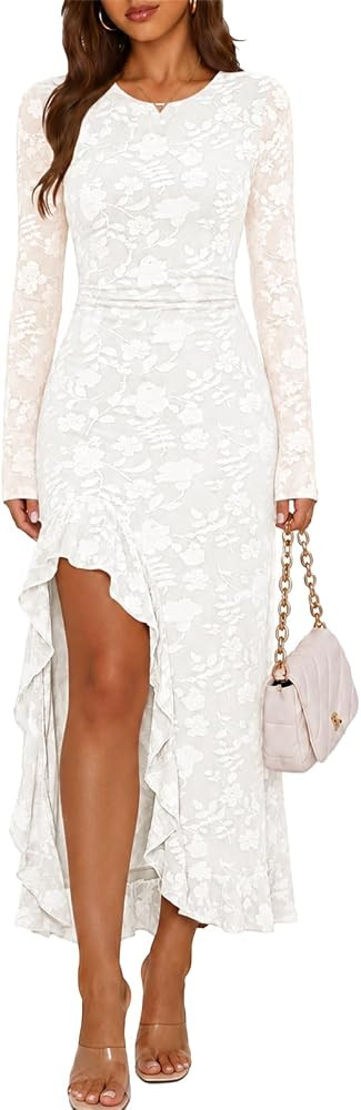 MEROKEETY Women's Fall Wedding Guest Dress Long Sleeve Floral Ruffle Slit Ruched Bodycon Formal C... | Amazon (US)
