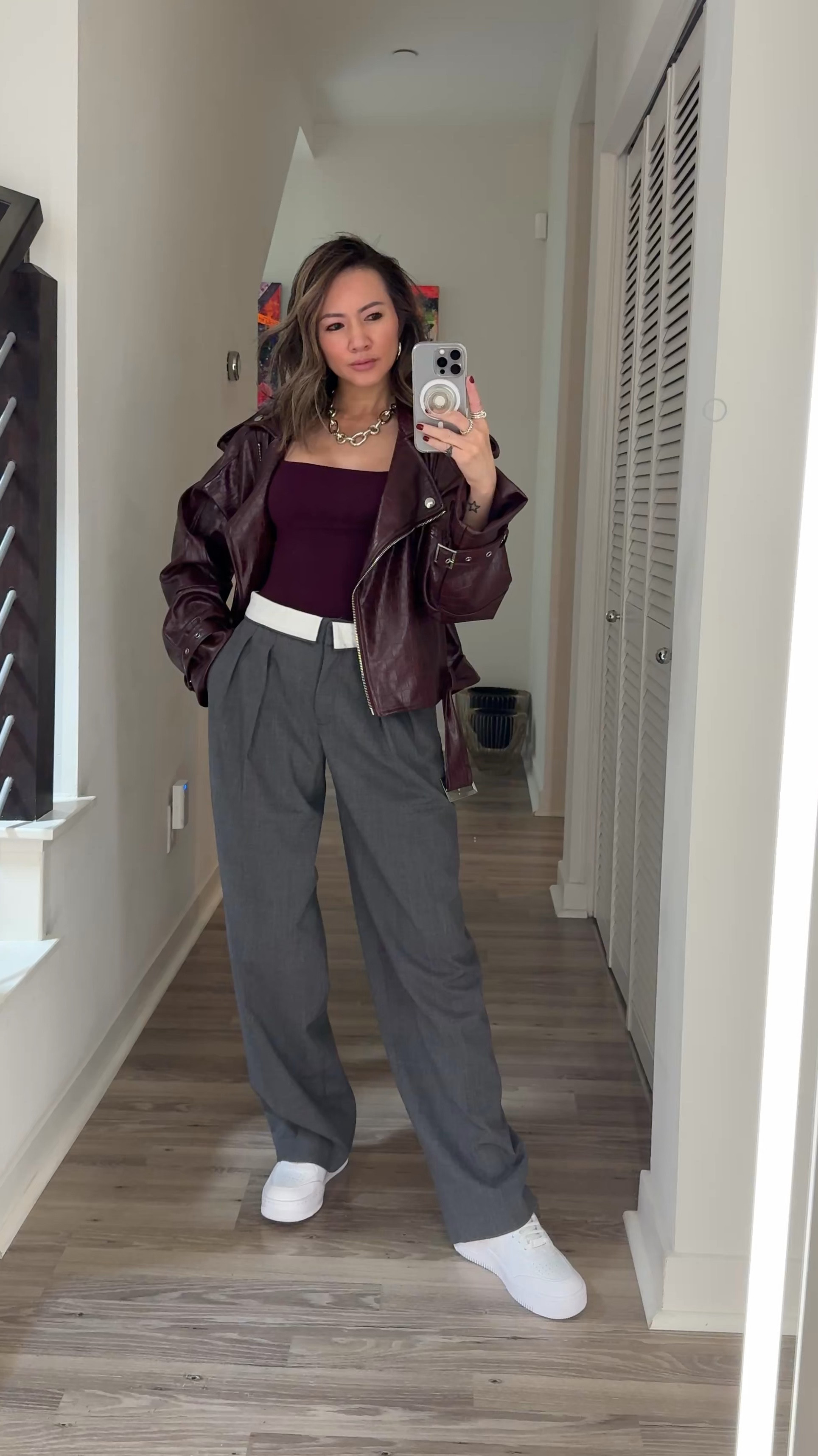 What to wear for a day at the museum and shopping ⚡️ Burgundy and grey combined is such a great color palette. I’ve been wanting a pair of trousers with the fold over waistband and these are so comfortable. This bodysuit is so flattering—comes in several colors. These white sneakers are an all time favorite—they’re so comfortable and looks great styled with anything. Loving this burgundy leather jacket to give the entire look a cool girl vibe  

Casual outfit, chic outfit, The Stylizt 



#LTKStyleTip #LTKShoeCrush #LTKFindsUnder100