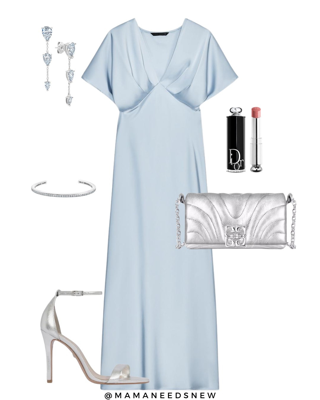 A spring wedding guest outfit with a light blue satin maxi dress, convertible silver bag, silver heels & jewelry 🩵

#LTKStyleTip #LTKSaleAlert #LTKWedding