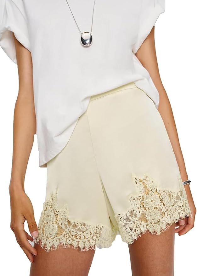 Women Satin Micro Shorts Lace Trim Low Rise Pajama Mini Bottoms Y2k Silk Lounge Sleep Pj Short Pa... | Amazon (US)